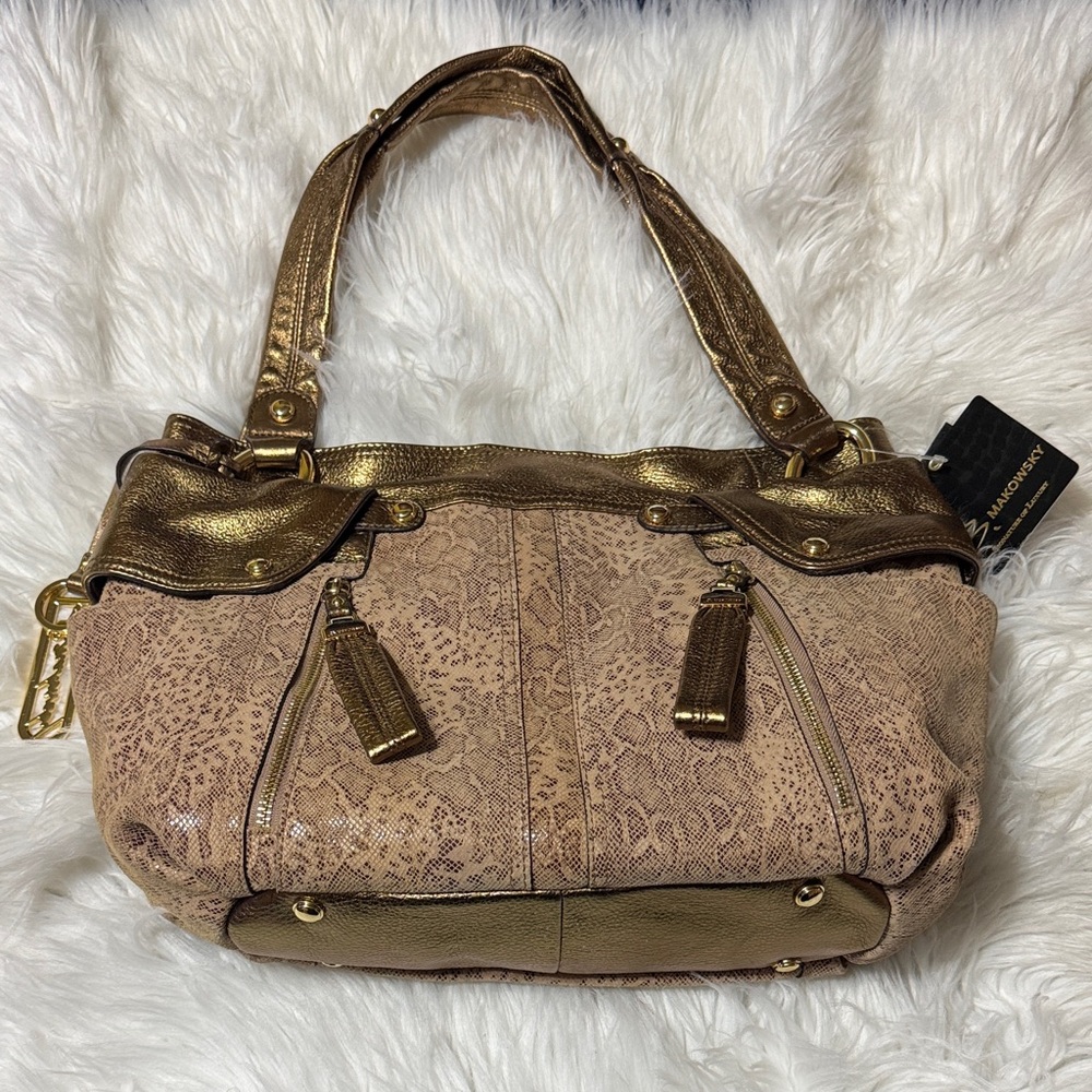 b. makowsky Pink-Tan Snake-Texture Shoulder Bag with Gold Accents
